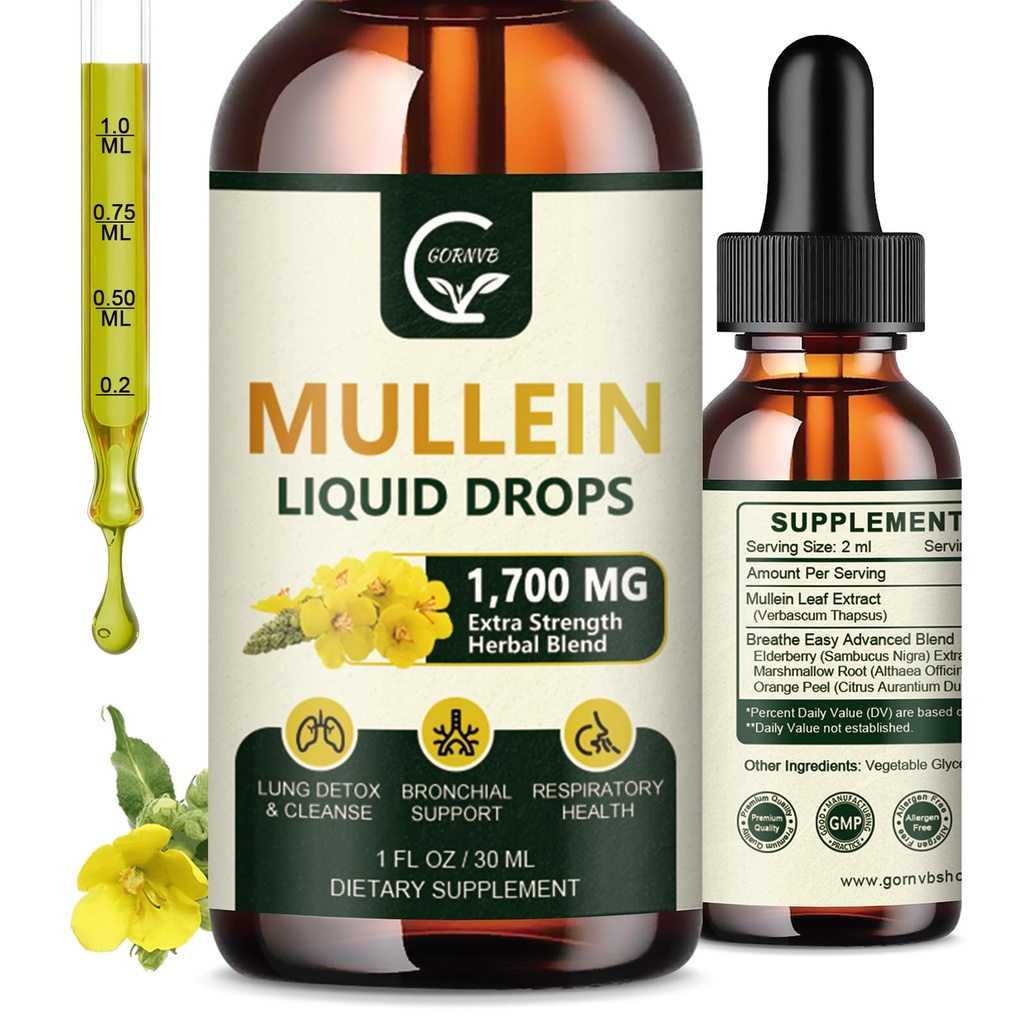 (2 팩) Lungs 용 Mullein Drops - Lungs Cleanse 및 Respiratory Support, Elderberry, Marshmallow Root 및 Orange Peel for Bronchial Support, 1 Fl Oz의 강력한 4