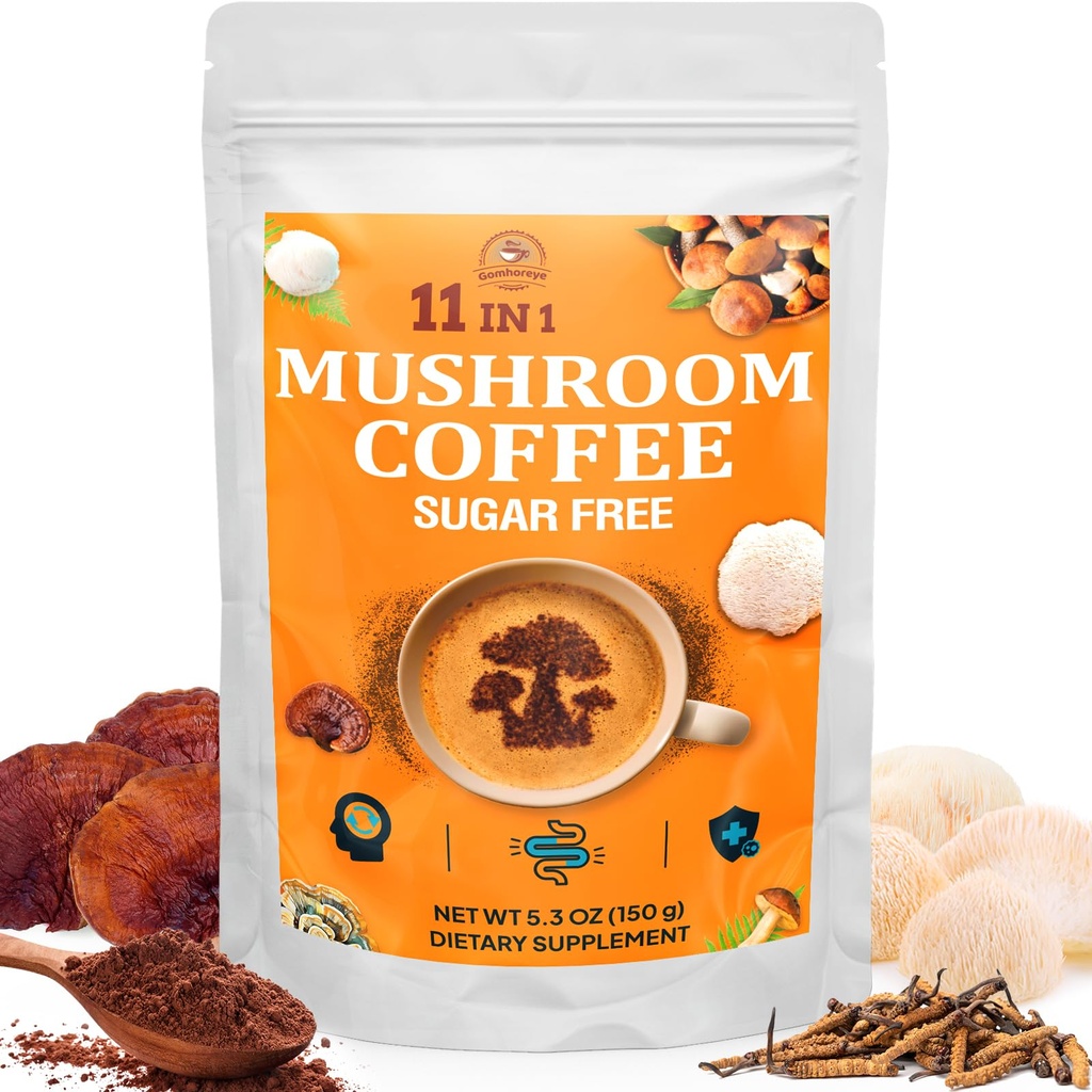 버섯 커피 - 11 Superfood Mushrooms와 버섯 커피 유기, Lion 's Mane, Reishi, Chaga, Cordyceps 및 Adaptogens, 에너지, 초점, 기억 및 Immunity를위한 버섯 보충 - 5.3oz
