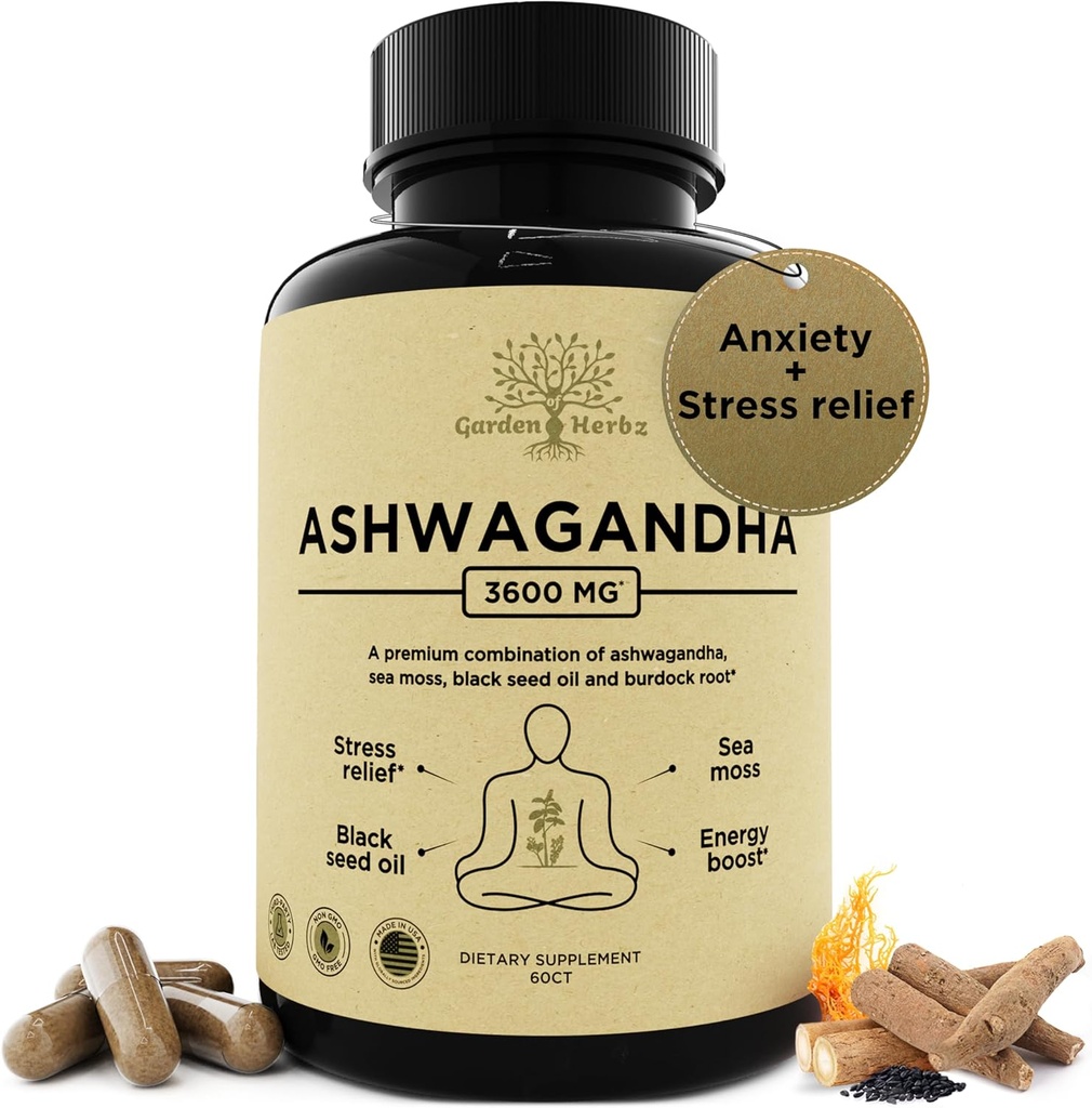 Organic Ashwagandha Root & Irish Sea Moss - 3,600mg Ashwagandha Supplement with Black Seed Oil, & Burdock Root - 에너지, 스트레스 완화, 추가 강도, 60 Caps