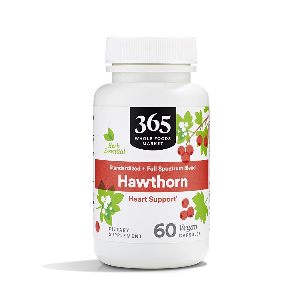 전체 식품 시장의 365, Hawthorn 표준화 + 전체 스펙트럼 혼합, 심장 지원, Vegan 캡슐, 60 조사