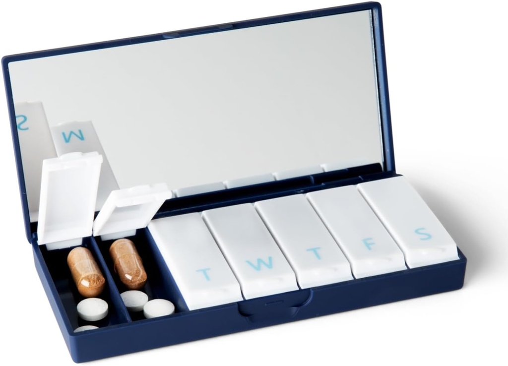 PORT X POLISH Designer Weekly Pill Box 주최자 (Single 1X Daily, Navy) | 컴팩트하고 세련된 7 일 비타민 보충 케이스 | 귀여운 휴대용 미니 여행 의학 캐리어 | BPA-Free Pillbox Caddy