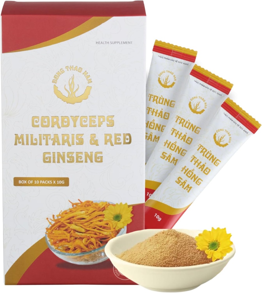 Dong Thao NAM - 유기 빨간 인삼과 Cordyceps 분말, 1 초본 추출물에서 6, 증가, 에너지 증가 및 피로 감소, 카페인 무료, 10 팩