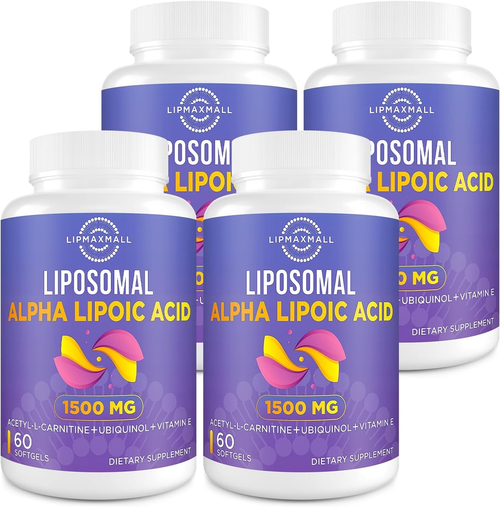 Liposomal 알파 Lipoic 산 1500mg - 아세틸 L 카르니틴 900mg & Ubiquinol 100mg & 비타민 E 15mg의 항 산화제 포도당 Metabolism Nerve 에너지를 위한 ALA 보충교재, 60 Softgels (4 병)