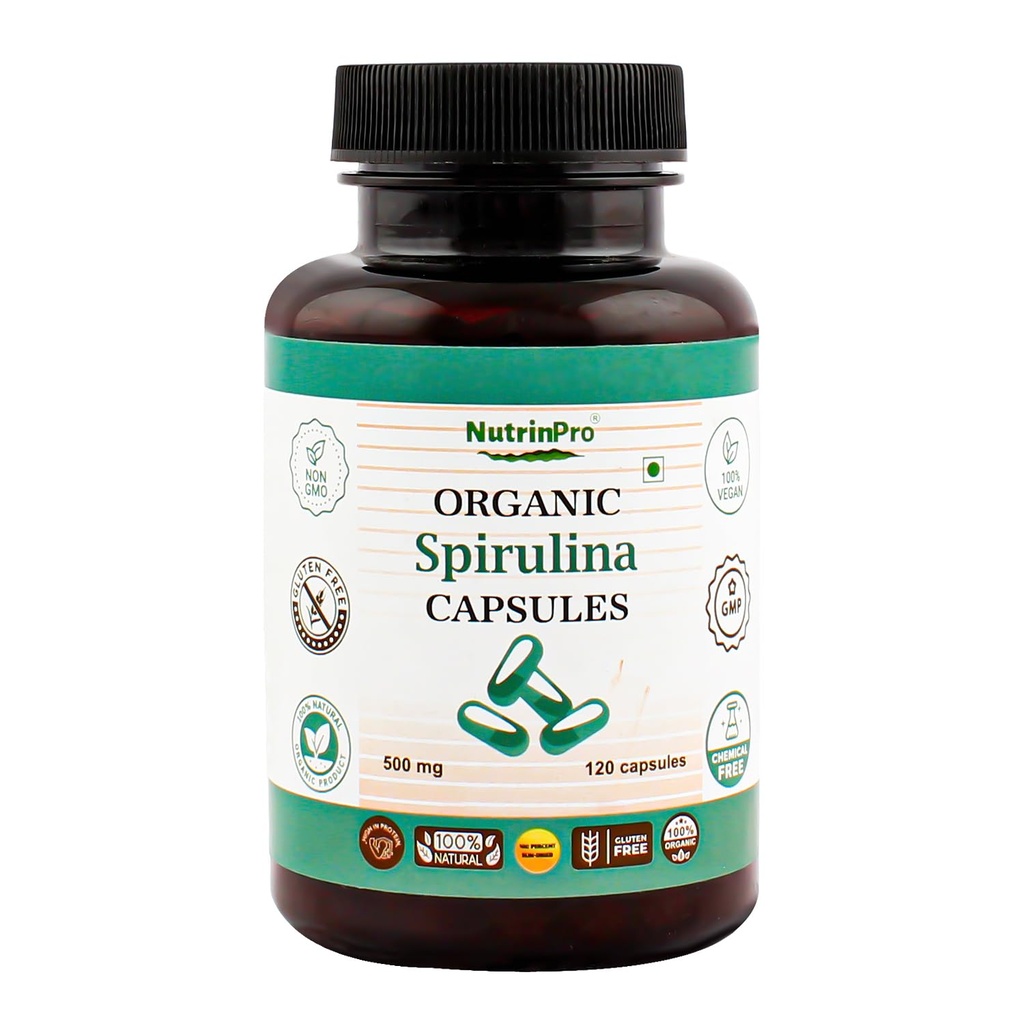 USDA 유기 Spirulina 캡슐 - 100% 순수한 채식 보충교재, 비 GMO, 글루텐 자유로운, 화학 자유로운, (120)