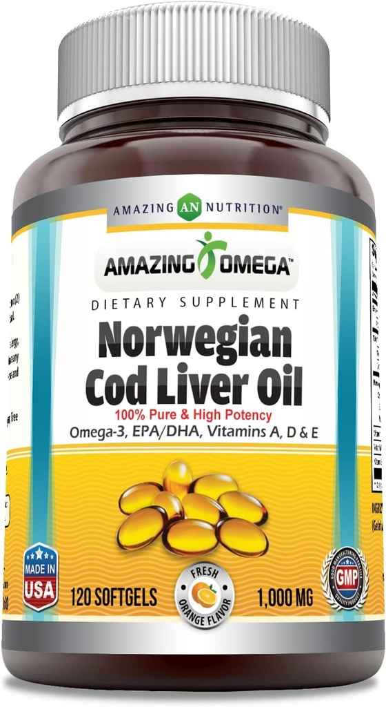 놀랄만한 오메가 노르웨이어 Cod Liver Oil (Omega-3, EPA/DHA) 보충교재 | 1000 Mg Per 서빙 | 120 Softgel | 오렌지 맛 | Non-GMO | 글루텐 프리 | 미국