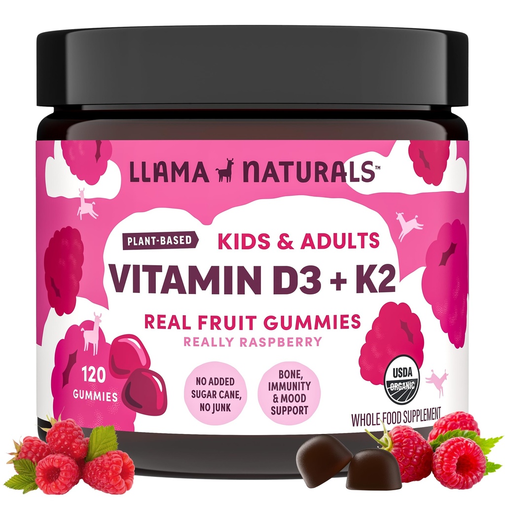 Llama Naturals 비타민 D3, Vegan, 유기 면역 지원 보충교재, 성인과 아이를 위한 비타민 D Gummies, 진짜 과일 거미 비타민은, 뼈 건강, 추가한 설탕 지팡이, 딸기, 120 Ct를 승진시킵니다