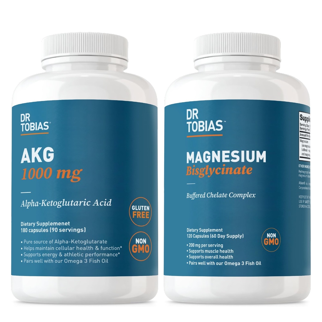 Dr. Tobias AKG 보충교재 & 마그네슘 Bisglycinate - 지원 에너지 수준, 근육, Nerve & Bone 높은 흡수 마그네슘과 생물 유효한 AKG, Vegan, 비 GMO를 가진 건강