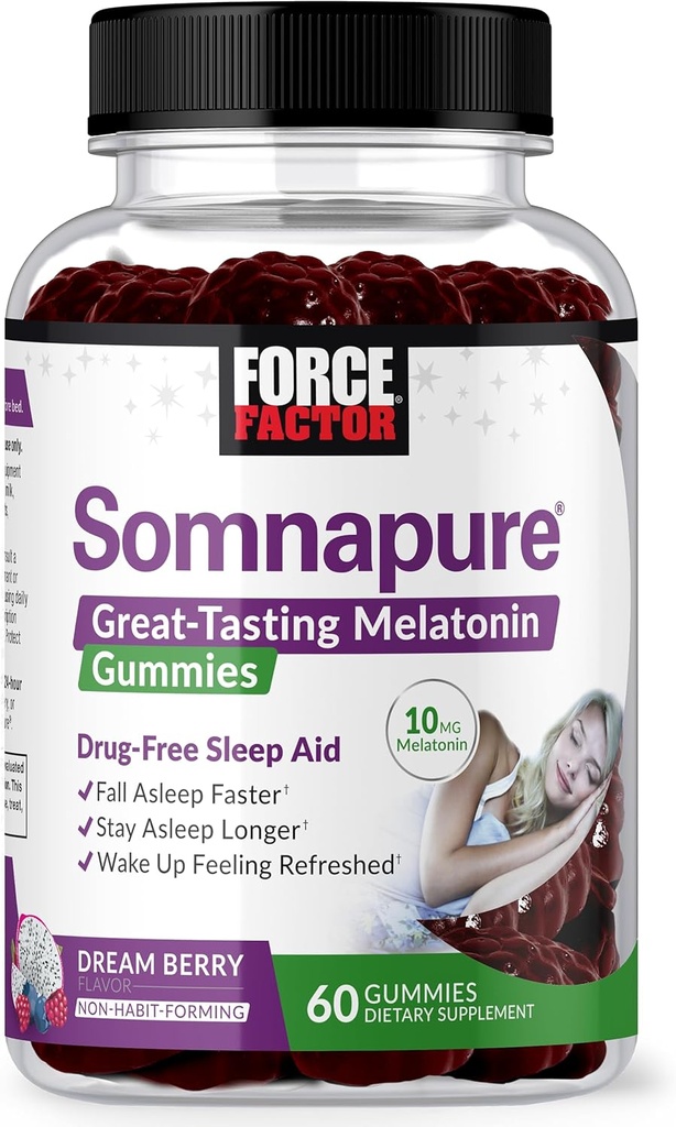 Melatonin 10 mg 성인, Non-Habit-Forming, 깊은 잠을 위한 자연적인 잠 원조, 체재 잠 더 긴 잠을 위한 자연 잠 원조를 위한 ForCE FACTOR Somnapure Gummies, 상쾌하게 한, 꿈 베리 풍미, 60의 조사 (1의 포장)