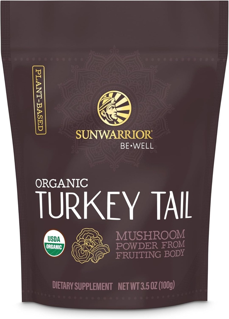 Sunwarrior 유기 터키 꼬리 버섯 분말 | 터키 버섯 면역 지원 | Microbiome Gut Health Support | 50 인분 100g 파우치 | 웰
