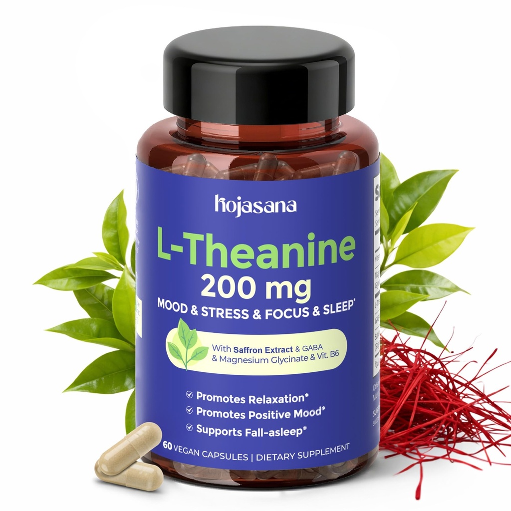Saffron, GABA, 마그네슘 글리세라이드 및 비타민 B6, L-Theanine 보충교재를 가진 L Theanine 200mg Mood Relaxation & 긴장 기복 & 수면 지원, 60 Vegan 캡슐을 위한 진보된 복잡한 공식