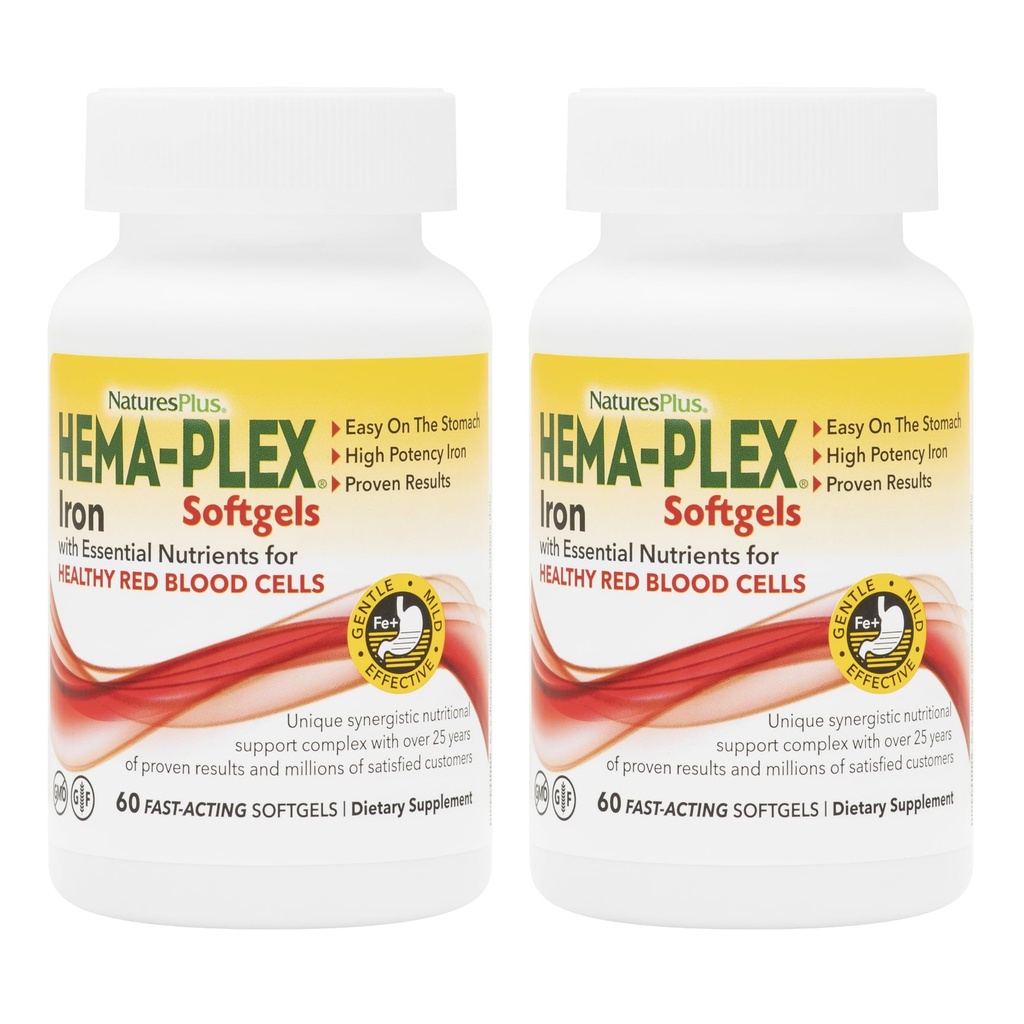 NaturesPlus Hema-Plex Iron - 60 Fast-Acting Softgels - 2 Pack - 85 mg Iron + 비타민 C & Bioflavonoids for Healthy Red Blood Cell - Vegan, 글루텐 무료 - 40 총 서빙