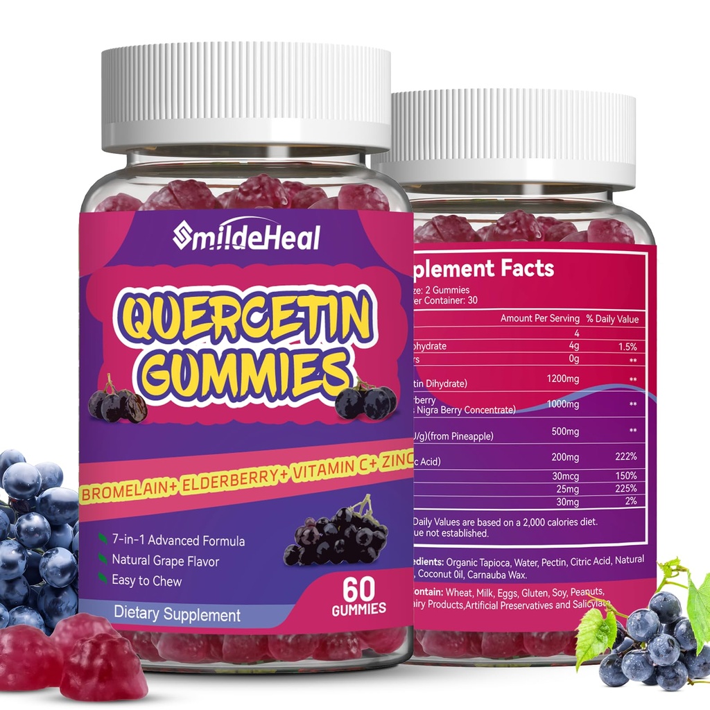 2 팩 Quercetin Gummies 1200MG의 Bromelain, 아연 비타민 C의 Immune 체계 Vegan Gummy를 가진 Quercetin Gummies 성인 & Kid, 120 Vegan
