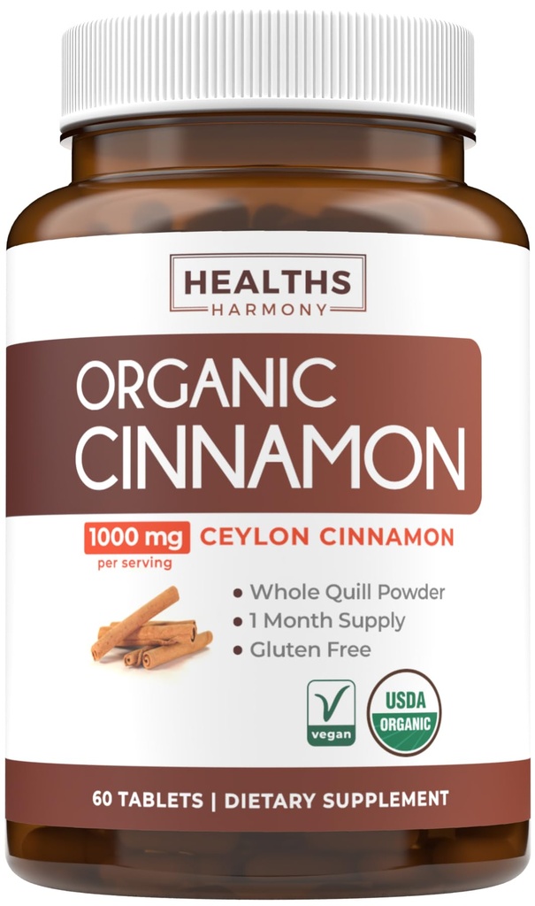 USDA 유기 Ceylon Cinnamon 알약 - 가득 차있는 몸 산화를 억제하는 지원을 위한 서빙 당 1000mg를 가진 높은 힘 Ceylon Cinnamon 보충교재 - Vegan Non-GMO cGMP Made & Lab Verified (1 달 공급)
