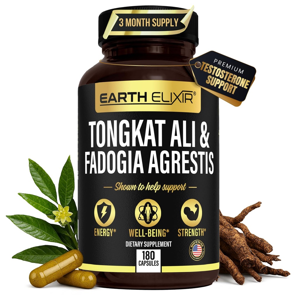 지구 Elixir Fadogia Agrestis & Tongkat Ali 남성 & 여성 - 남성을위한 천연 테스토스테론 보충 - 미국 및 제 3 자 테스트 - 힘, 에너지 및 활력 - Longjack - 3 개월 공급