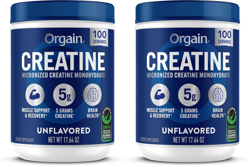 Orgain Creatine Monohydrate Micronized 분말, 100개의 서빙, 불완전한, 지원 근육 성장, 포스트 운동 회복 및 뇌 건강, 남자 & 여자를 위한 인공 첨가물 없음, 빈곤, (2의 포장)