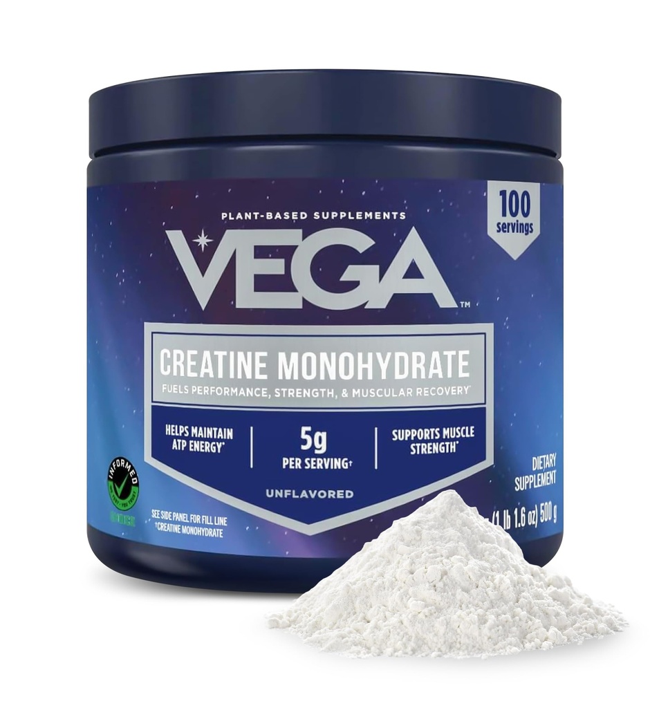 Vega Micronized Creatine Monohydrate Powder, Unflavored – 남성 및 여성, 강도, 성능 및 근육 성장을위한 5g 순수 Vegan Creatine, 100 서빙 (17.6 온스)