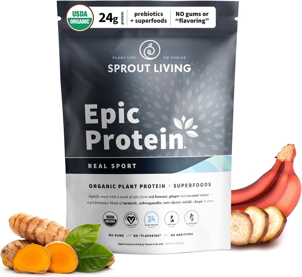 Sprout Living, Epic Protein, Plant Based Protein & Superfoods Powder, Real Sport | 24 Grams Organic Protein Powder, Recovery, Vegan, Non Dairy, Non-GMO, Gluten Free, Low Sugar (1 파운드, 12 서빙)
