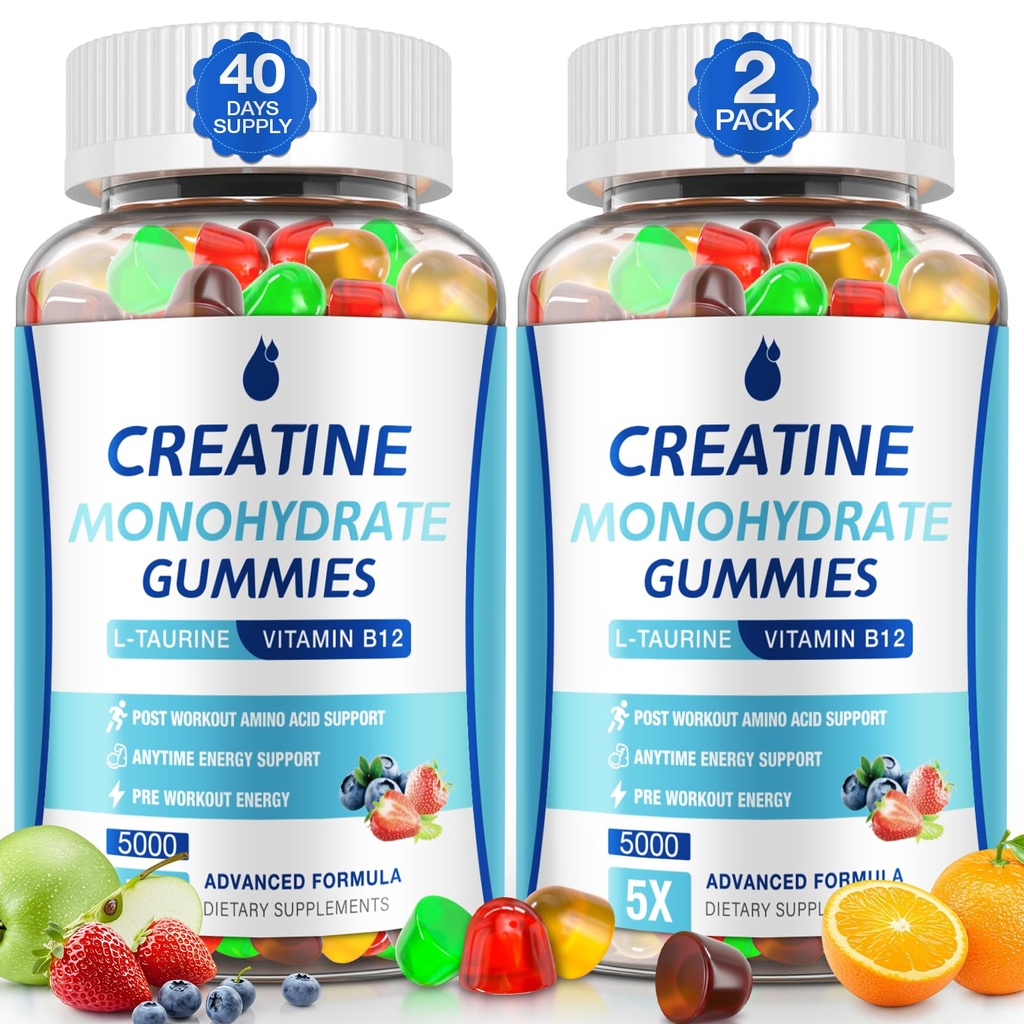 Creatine Gummies for Men & Women - Creatine Monohydrate Gummies 5g, 근육 빌더, 에너지 Boost & Pre-Workout 보충교재, 낮은 설탕 Taurine Chewable Gummy 2 팩