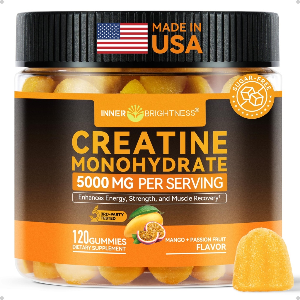 남자 & 여자를 위한 안 광도 Creatine Monohydrate Gummies 5000 mg, 3rd 당 시험해, 근육 성장을 위한 Creatine Chews, 힘 & 에너지 지원, 설탕 자유로운, Vegan, 120 조사, 망고 Passionfruit
