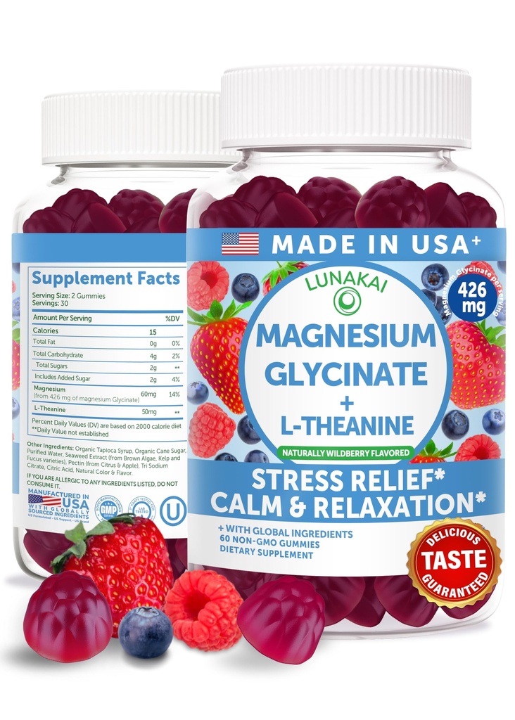 Lunakai USA Made Magnesium Glycinate Gummies 426mg with L-Theanine - Calm, 수면, 성인 및 어린이를위한 스트레스 완화, 비 GMO, Vegan, 60ct
