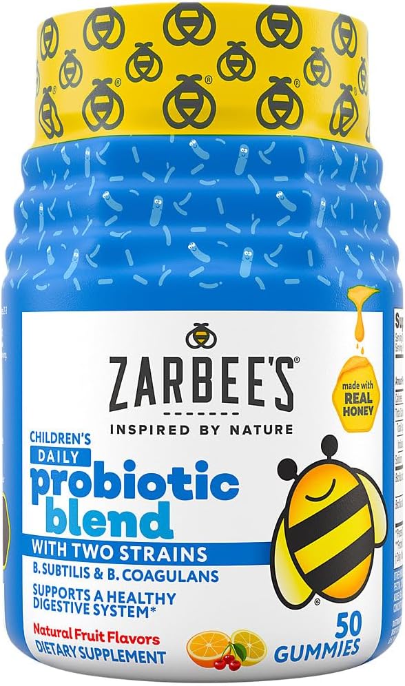 Zarbee 's Kid's Daily Probiotic Blend Gummies with 2 Strains for Digestive Support; Chew; Gluten-Free & Drug-Free; 나이 2 +; 자연 과일 맛; 50 조사