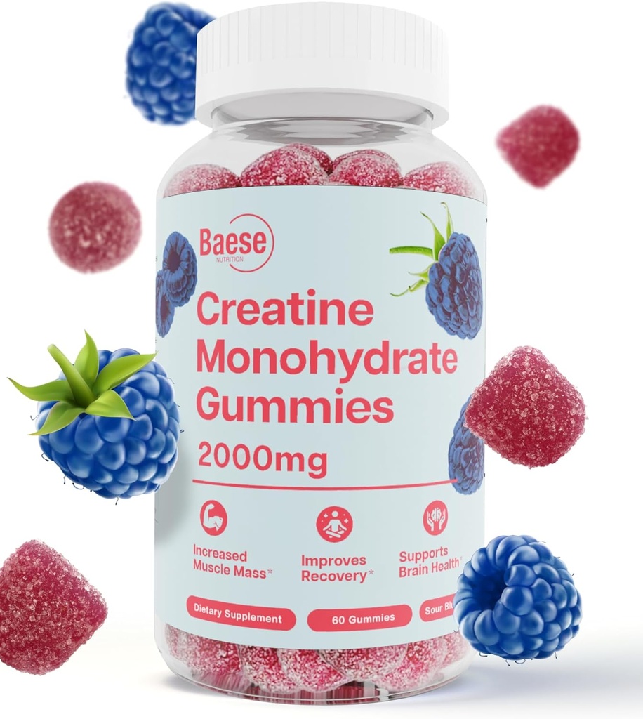Creatine 남성 및 여성을위한 Monohydrate Gummies - 높은 순수성 Sour Blue Raspberry- Chewable Creatine 근육 강도 및 에너지 부스트, Bioavailable Pre-Workout 보충교재를위한 주입 거미