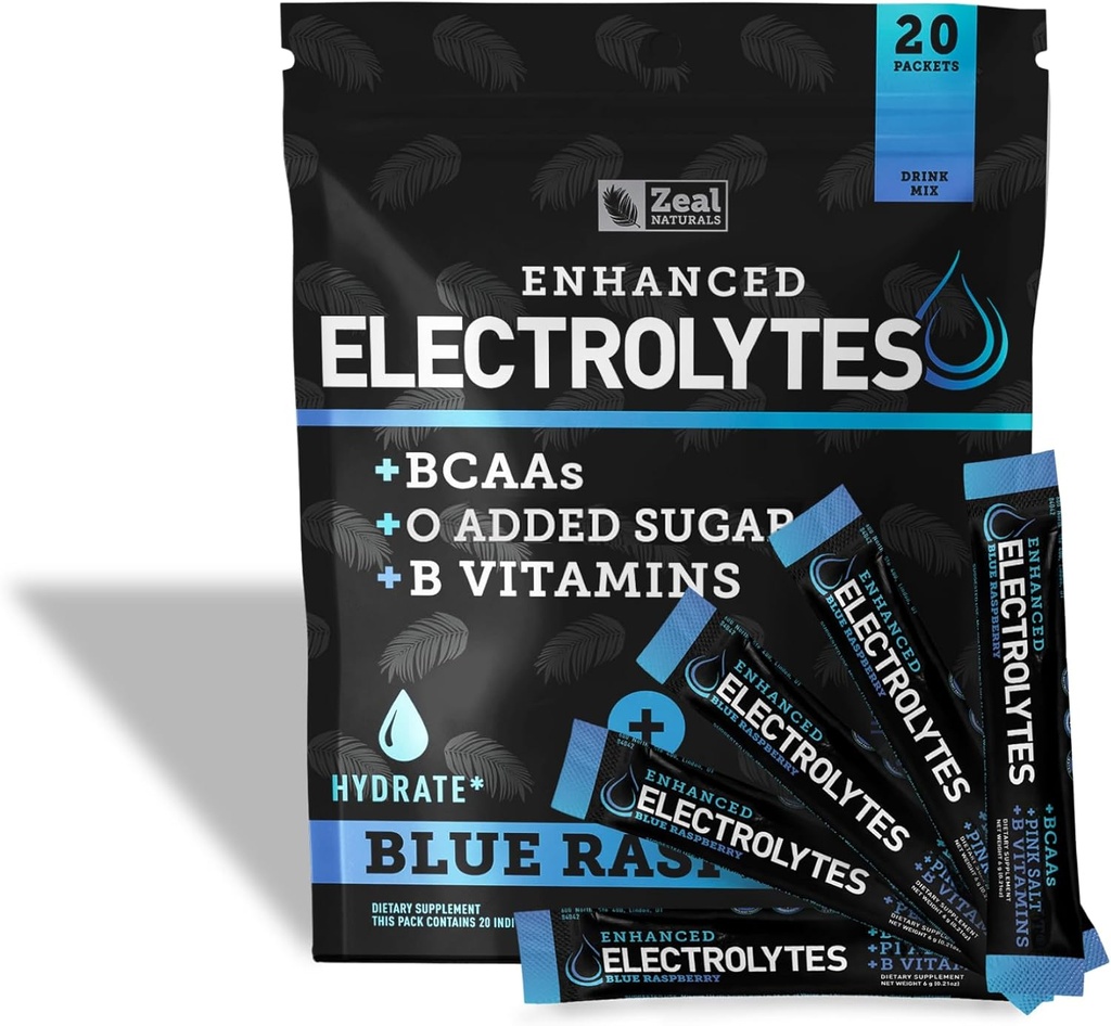 강화 된 일산화 분말 스틱 팩 (블루 라즈베리 | 20 패킷) w / 0 설탕 +BCAAs +B-Vitamins Electrolyte Supplement w 칼륨 아연 및 마그네슘 하이드로 션 - Keto Electrolytes