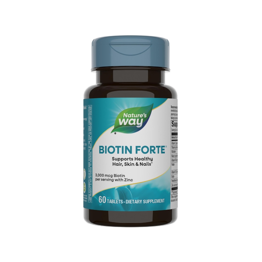 Nature's Way Biotin Forte, 건강한 모발, 피부 & 손톱*, 아연, 비타민 C, B 비타민 B, 60 정제 (패키지 May Vary)와 함께 서빙 당 3000 mcg Biotin 지원
