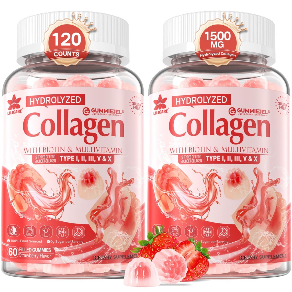 2Pack 설탕 자유로운 가수분해된 교원질 펩티드는 1500mg 단백질 유형 I, II, III, V, X, 5000mcg Biotin 비타민 C A E D3 B6 B12를 위한 여자 & 남자를 위한 Gummies를, Bone 채웠습니다