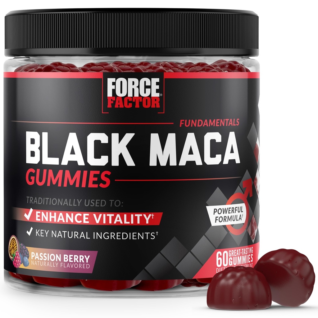 Force Factor Black Maca Gummies, Black Maca Root to Enhance Vitality in Men & Women, 증가 Energy & Strength, BioPerine for Superior Absorption, Delicious Passion Berry 맛, 60 구미