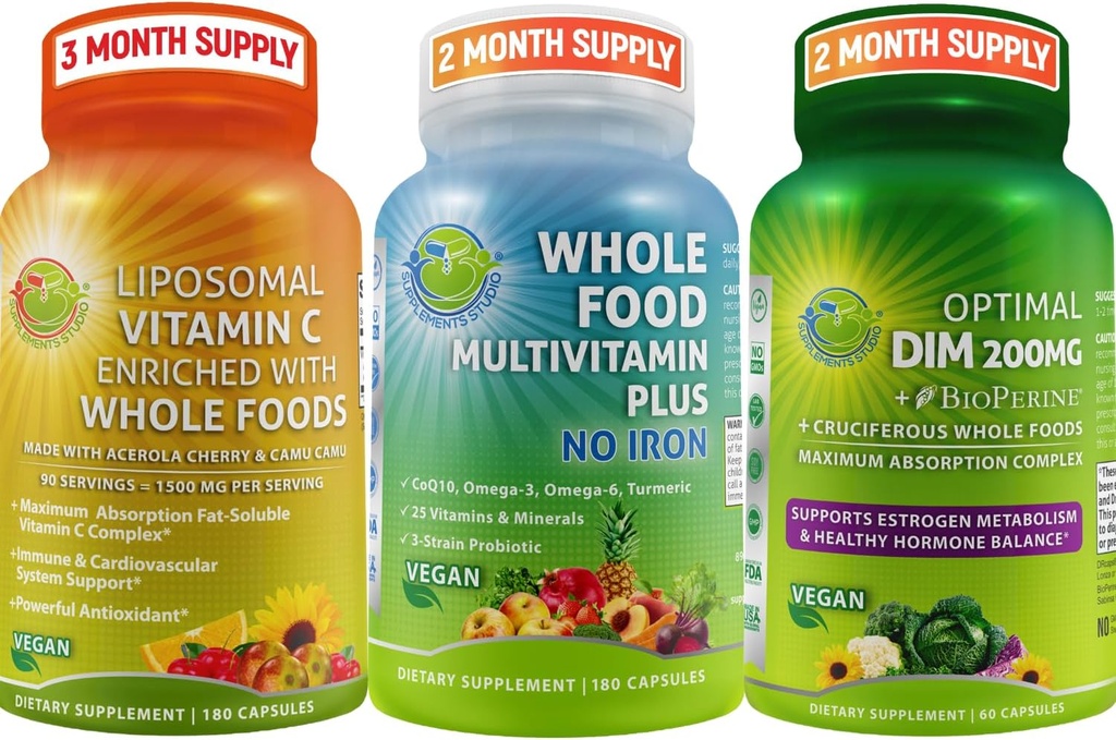 SUPPLEMENTS STUDIO Vegan Immune, 에너지 및 호르몬 지원은 남자와 여자를 위해 뭉치 – 철 + Liposomal 비타민 C 1500mg + BioPerine®를 가진 최선 DIM 200mg 없이 전체적인 음식 Multivitamin