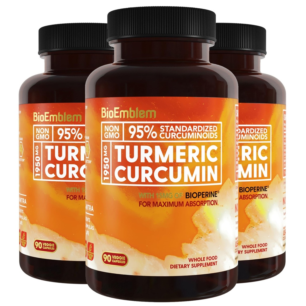 BioEmblem Turmeric Curcumin 보충교재와 BioPerine | 합동 지원 & 심장 건강 | 유기 심황 분말 & 95% Curcuminoids 추출물 | 캘리포니아 Made, Non-GMO, 90일 공급