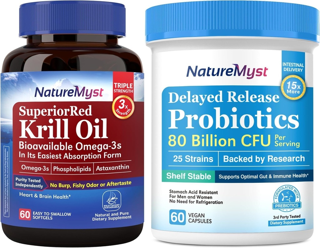 Krill 기름 1000mg와 Probiotics 뭉치, DHA EPA & Astaxanthin를 가진 오메가 3s, 80 Billion CFU 25 Strains, Gut, 심장 & 면역 기능, 미국에서 만든 비 GMO, 60 Softgels + 60 캡슐