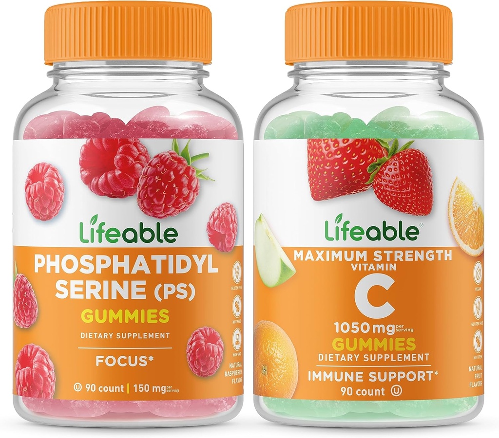 Lifeable Phosphatidylserine (PS) + 비타민 C 1050mg, Gummies 번들 - 훌륭한 타스팅, 비타민 보충, 글루텐 무료, GMO 무료, Chewable Gummy