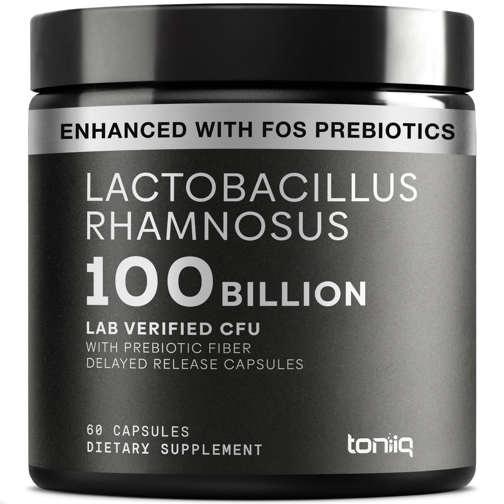 Toniiq Lactobacillus Rhamnosus – Prebiotic FOS를 가진 매우 고강도 100B CFU – 지연된 방출 캡슐 – 제 3 자 실험실 테스트 – 60 캡슐