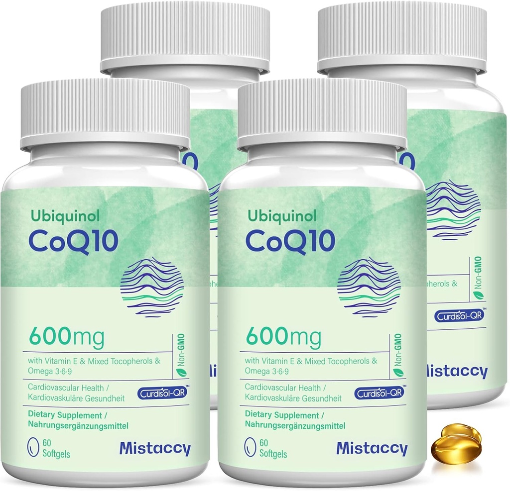 CoQ10 600mg Softgels | 높은 흡수 CoQ10 Ubiquinol 보충교재 | 비타민 E & Omega 3 6 9로 강화되는 감소된 모양 | 건강에 좋은 산화를 억제하는 발전소|240 Softgels