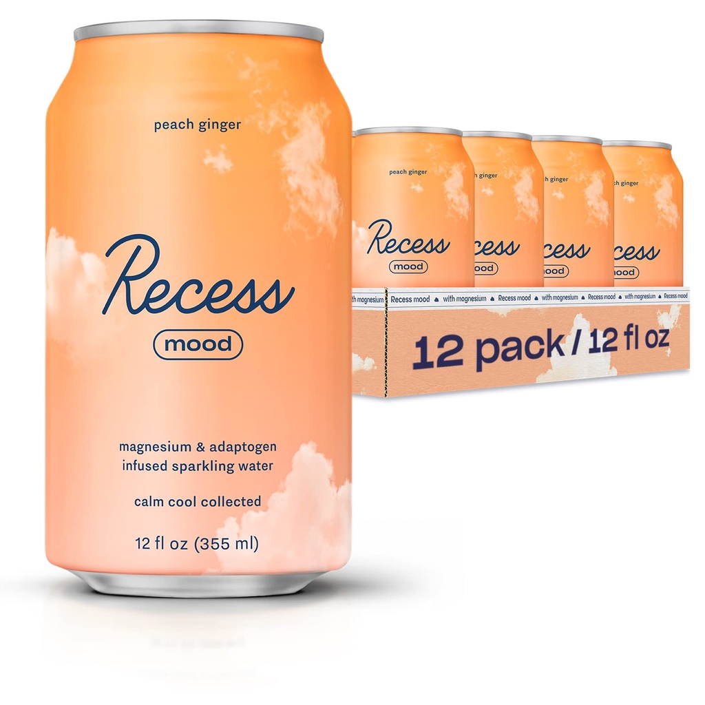 Recess Mood 마그네슘 & Adaptogen 음료, 휴식 음료, 12 온스 (Peach Ginger, 12 팩)