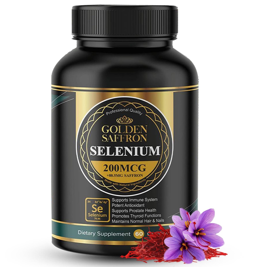 Golden Saffron Selenium (200mcg Selenium & 88.5 mg Saffron Extract) - 전반적인 건강, 비 GMO, Gluten Free, Dairy Free, 독특하고 고급 공식 - 미국 및 맛없는.