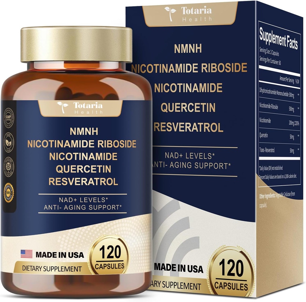 Totaria NMNH (Dihydronicotinamide Mononucleotide), NMNH 보충교재 w/Niacinamide (비타민 B3), Quercetin, Trans-Resveratrol의 지원 NAD+의 피부 세포 건강*, 노화 방지 & 에너지, 120의 모자