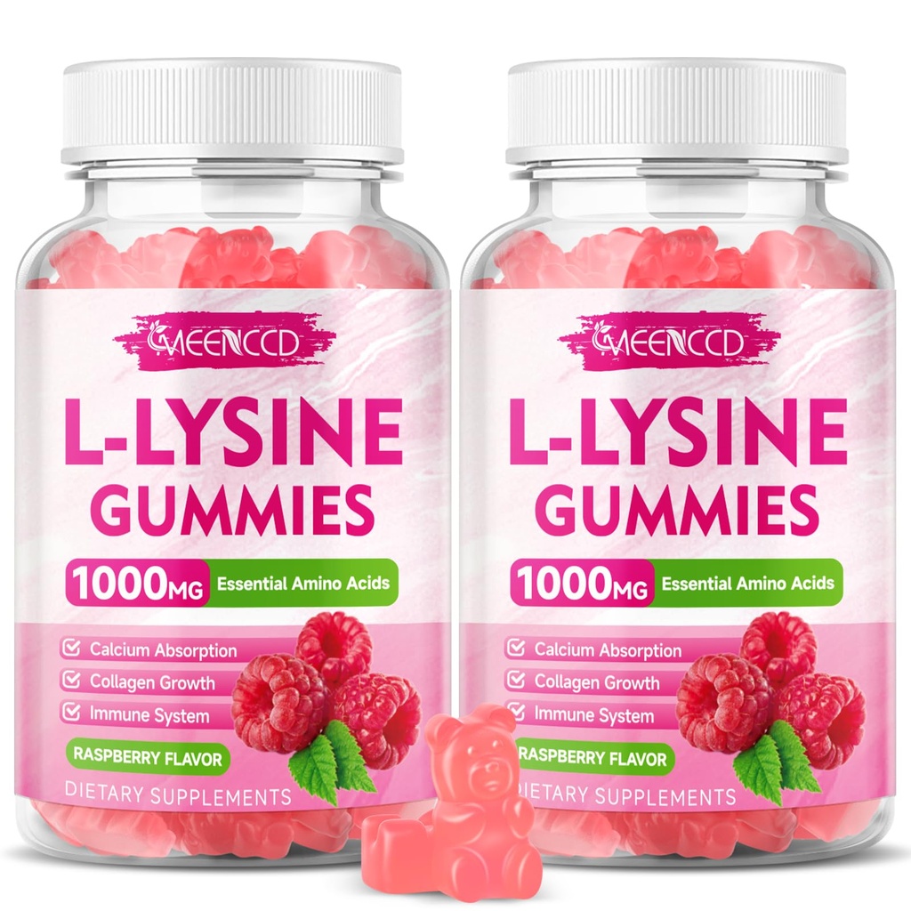 2 팩 L-Lysine 1000mg Gummies, 성인 & 아이를 위한 Lysine 보충교재, 입술 & 구두 건강을 위한 근본적인 아미노산, 부스트 면역 & 교원질 & 칼슘, 설탕 자유로운, 라즈베리 풍미, 120 조사