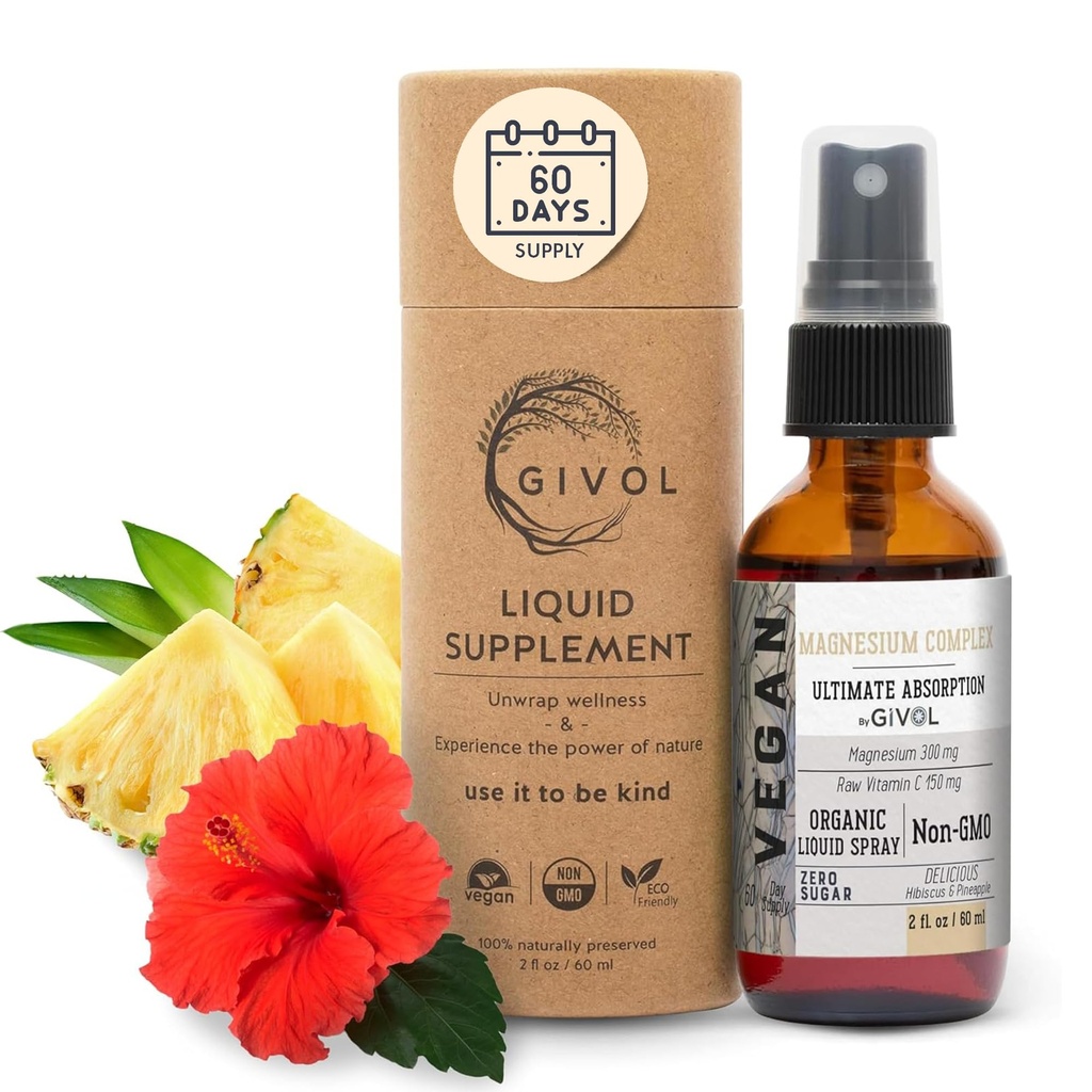 세 배 마그네슘 복합 단지 - 마그네슘 Biglycinate, 시트레이트 & 타우레이트 액체 스프레이 300mg w/Raw 비타민 C 세레, 바디 감압 촉진 - Hibiscus & 파인애플 맛 60ml (2oz)