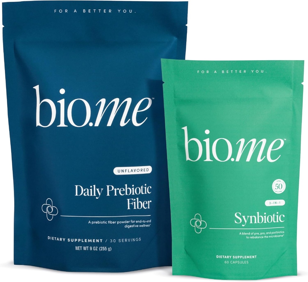 Bio.me Daily Prebiotic Fiber & Synbiotic Bundle - Digestive Health & Bloating을위한 섬유 분말 - 사전, 프로, Gut Health & Immune Support, Non-GMO, 글루텐 무료 - 30 서빙, 60 캡슐