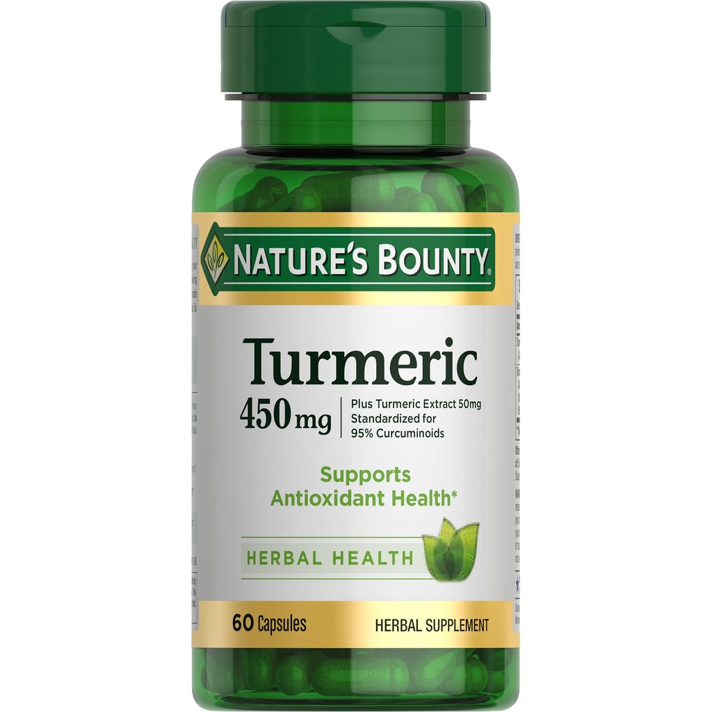 Nature's Bounty Turmeric 캡슐, 식물 기반 산화 방지제, 450 Mg, 60 Ct를 가진 초본 보충교재