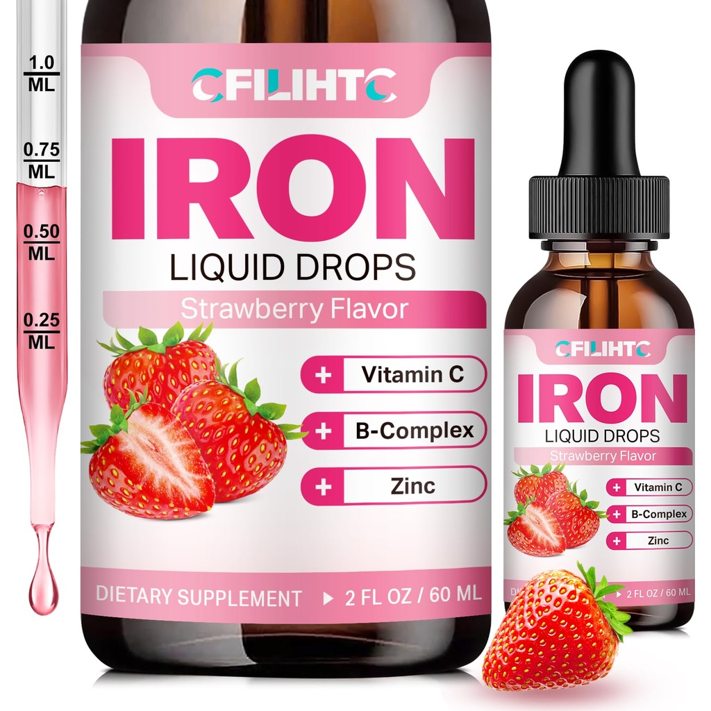 여자 남자 & 아이 Multivitamin 철 하락을 위한 액체 철 보충교재 Folate, 비타민 C, B6, B12, Anemia, 철 결핍, 혈액 건축업자, 에너지 - 자연적인 딸기 풍미, Vegan 2 Fl Oz를 위한 아연