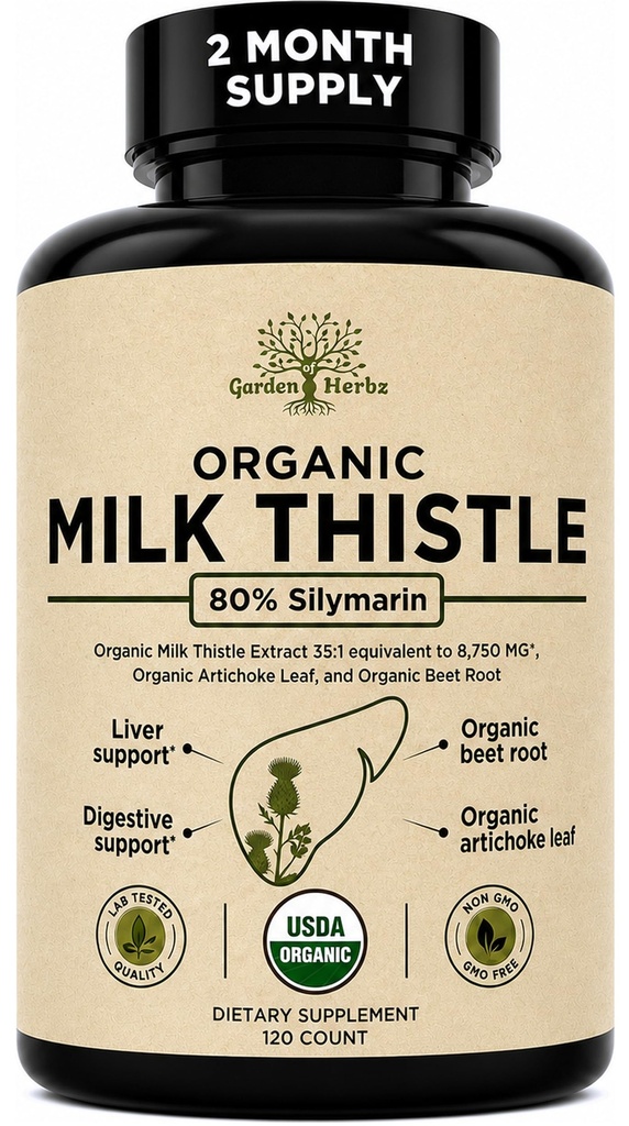 USDA 유기 우유 이틀 간 해독 보충교재 80% Silymarin, 가축 뿌리를 가진 250 mg & Liver 지원 & 소화를 위한 Artichoke 추출물, 미국에서 만든 120의 캡슐 (2 달 공급)