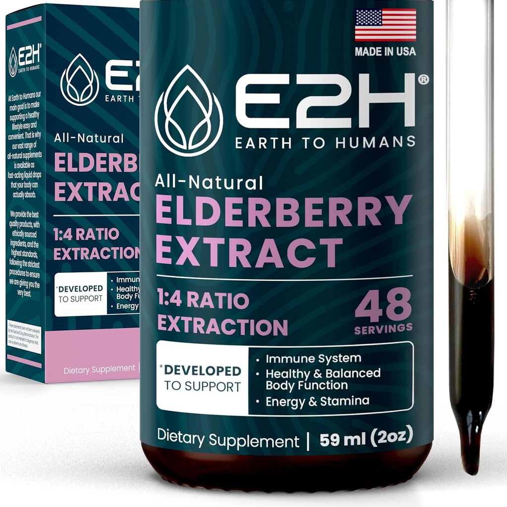 E2H Elderberry Syrup - 유기 Elderberry 추출물의 강력한 항 산화제 보충 - 면역 지원을위한 어린이 및 성인을위한 Sambucus Elderberry Syrup - 비 GMO, Vegan - 2 Fl Oz