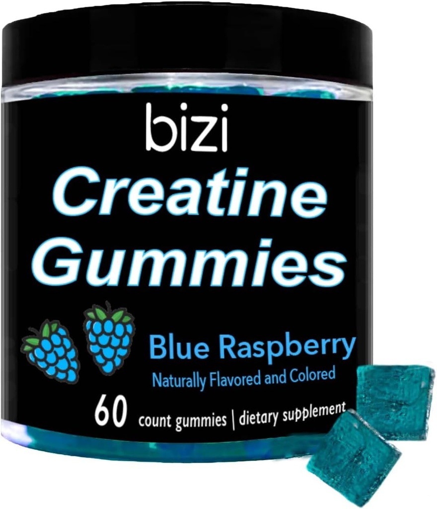 Men & Women 용 Bizi Creatine Gummys - Gummy 당 Creatine Monohydrate의 1g - 수박 맛 - 운동, 근육 성장 및 회복 보충 교재 - 개구리 및 글루텐 무료 (60 ct) (블루 라즈베리)