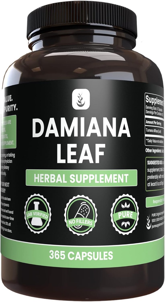 PURE ORIGINAL INGREDIENTS Damiana 잎 (365 캡슐) 마그네슘 또는 쌀 필러 없음, 항상 순수한