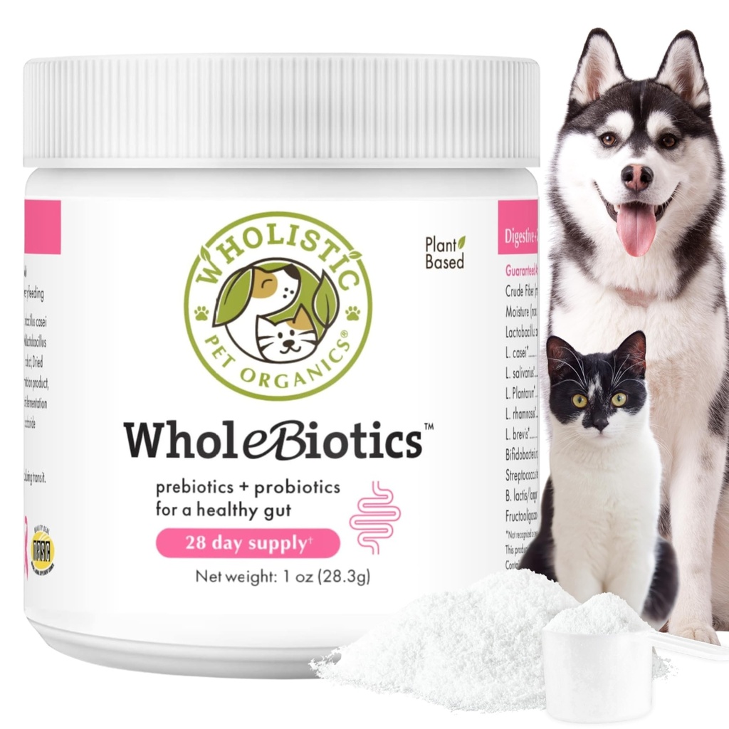 Wholistic Pet Organics WholeBiotics - 소화 건강 지원 및 면역 부스트를위한 일일 개 프로바이오틱스 - 9 Strains - 개 및 고양이를위한 Prebiotics & Probiotics - 개를위한 Gut 건강 - 1 Oz - 28 Scoops