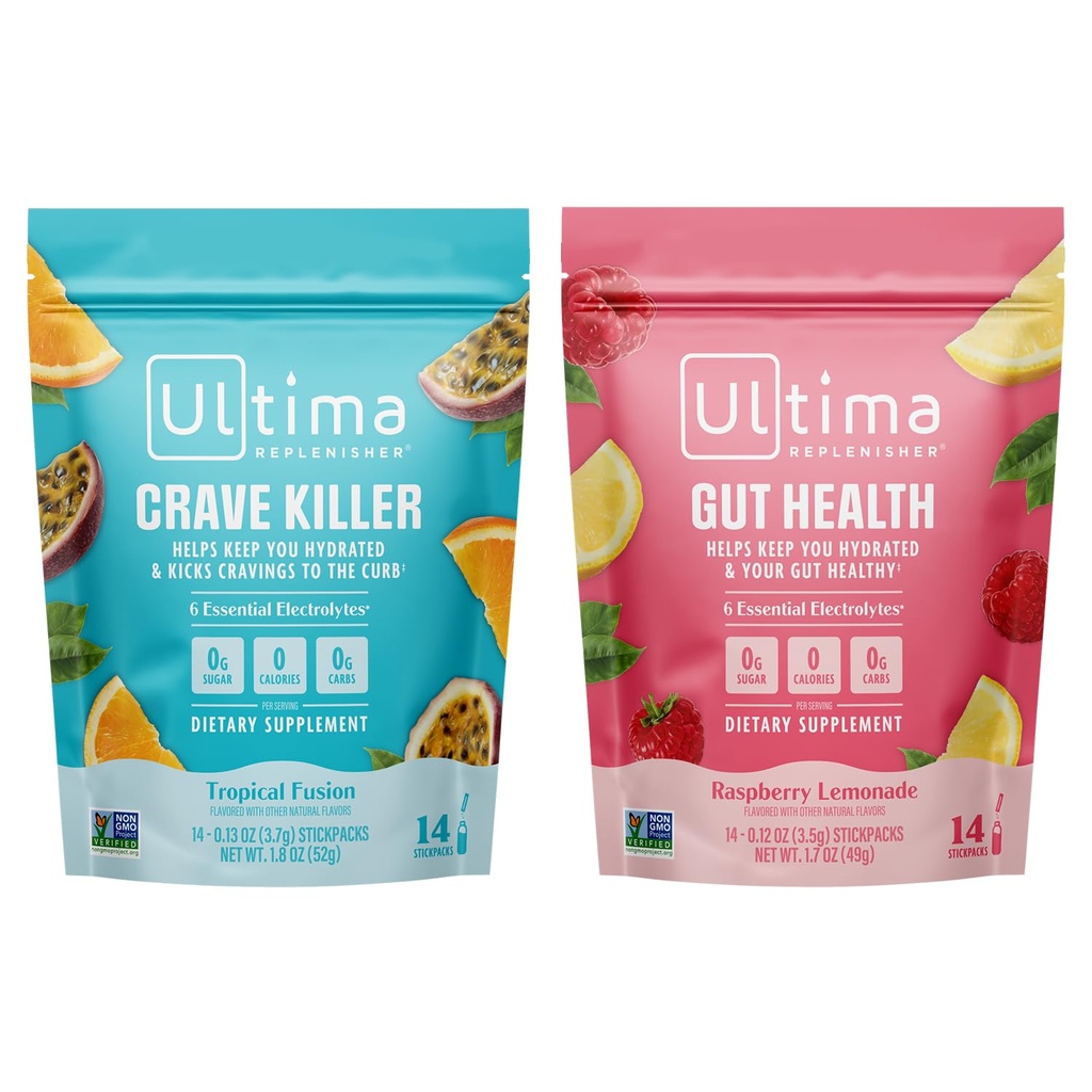 Ultima Replenisher Electrolyte Powder Drink Mix 번들 - Sugar Free - Crave Killer 및 Gut Health, 14 Stickpack - 6 Electrolytes 및 Minerals - Keto Friendly, Vegan, Non-GMO
